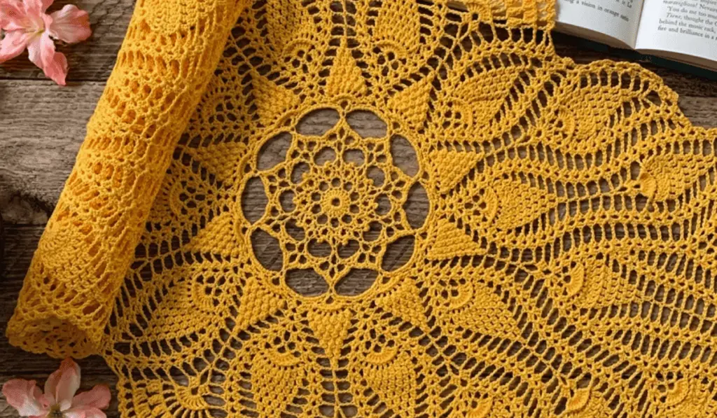 A yellow lacy crochet table runner