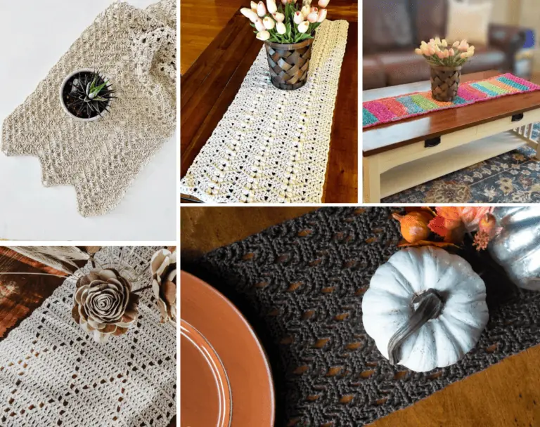 A five photo collage of table runners, including a beige runner, and thick white runner, a rainbow table runner, a diamond white runner, and a black wavy table runner.