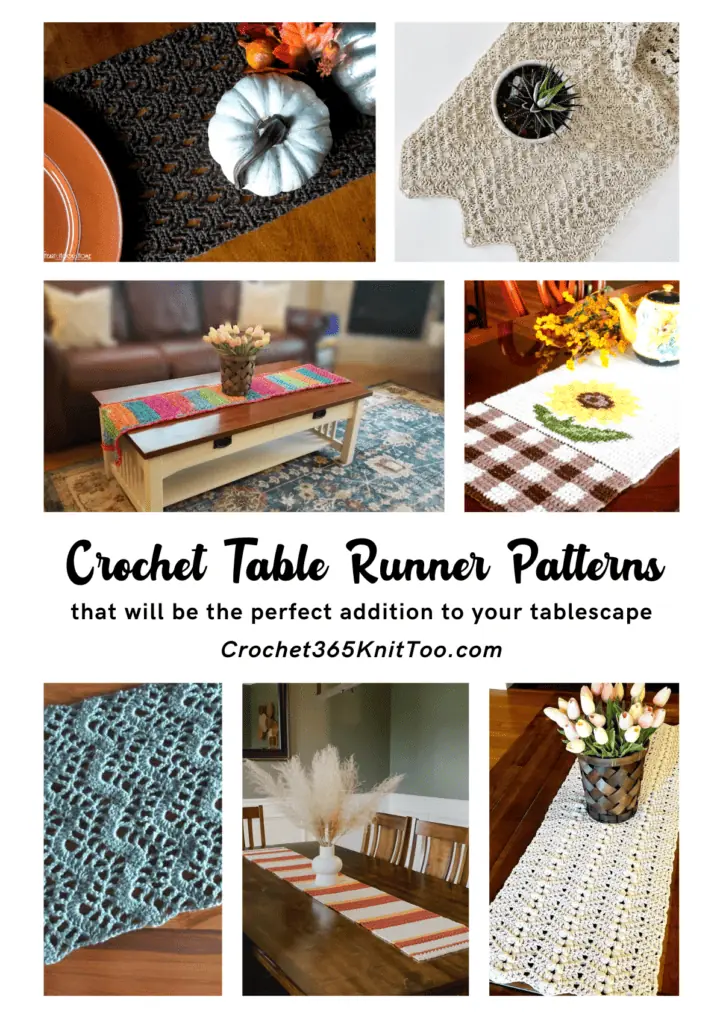 A Pinterest collage with the title "Crochet Table Runner Patterns that will be the perfect addition to your tablescape". Seven pictures of table runners, including a black wavy pattern, a simple white table runner, a rainbow table runner, a sunflower gingham runner, a blue wavy runner, a harvest color blocked table runner, and an all white runner.