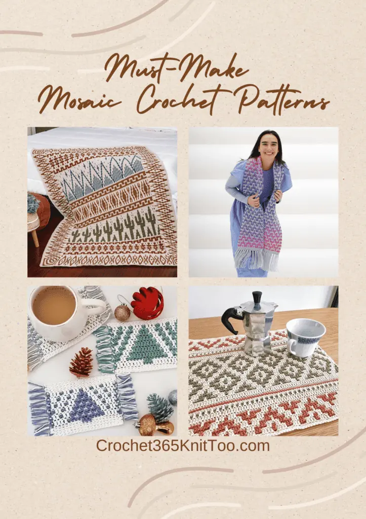 A Pinterest image featuring four moasic crochet patterns, including a cactus blanket, a wavy ombre scarf, three pine tree coasters one in grey, one in green, and one is blue, and a crochet placemat in orange and green.