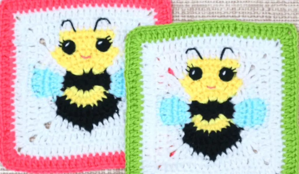 Two granny squares with bees in the middle and colored borders, one border is pink, and one is bright green.