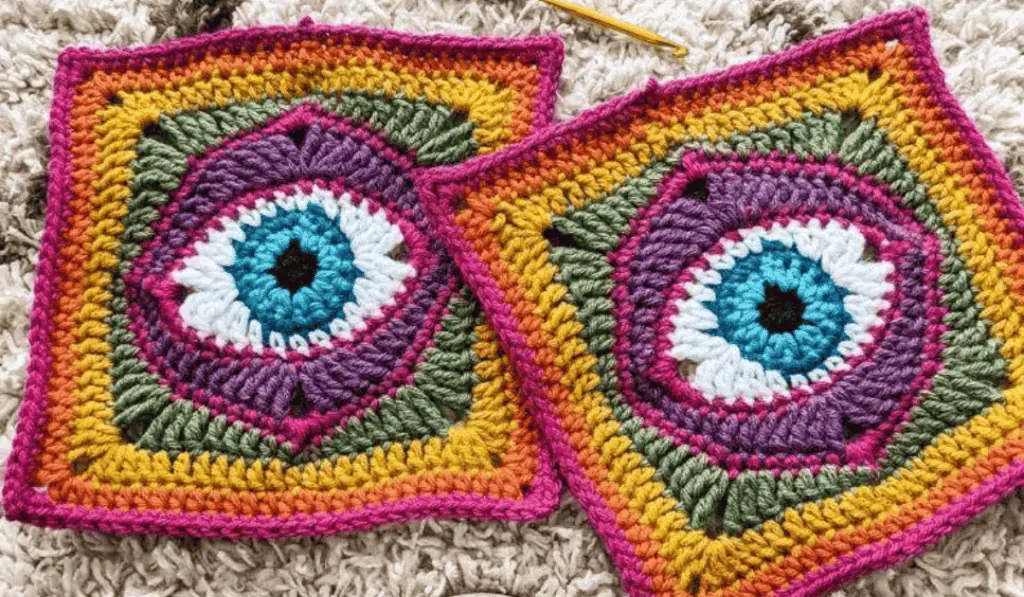 Crochet eye squares with lines of color aroun the eyes, including a pink, orange, yellow, and green.