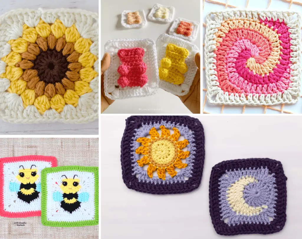 A collage of five photos, including a sunflower granny square, a gummy bear granny square, a swirling granny square, two bee granny squares, and a moon granny square with a sun granny square.