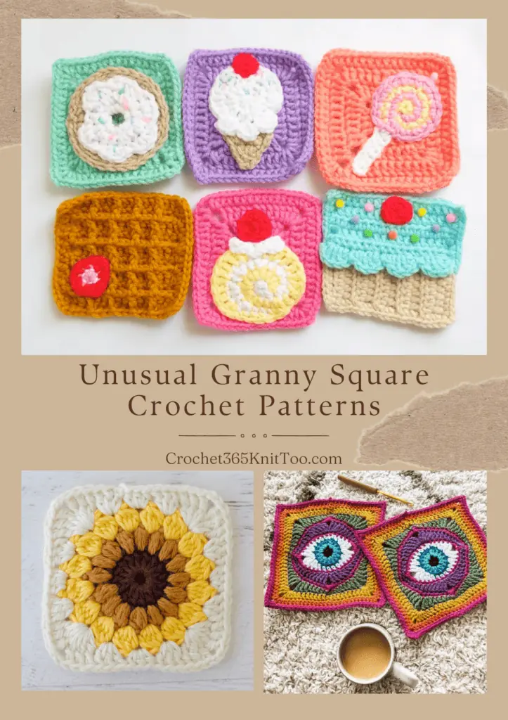 A Pinterest image with three photos, one is a collection of sweet treat granny squares, including a donut, icream, lolipop, waffle, round candy, and a cupcake. One is a sunflower granny square, and one is a photo of two eye granny squares.