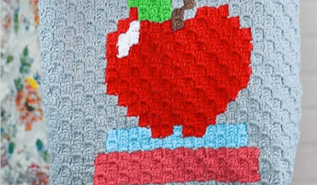 A crochet bag with an apple on some books deisgn on a grey bag.