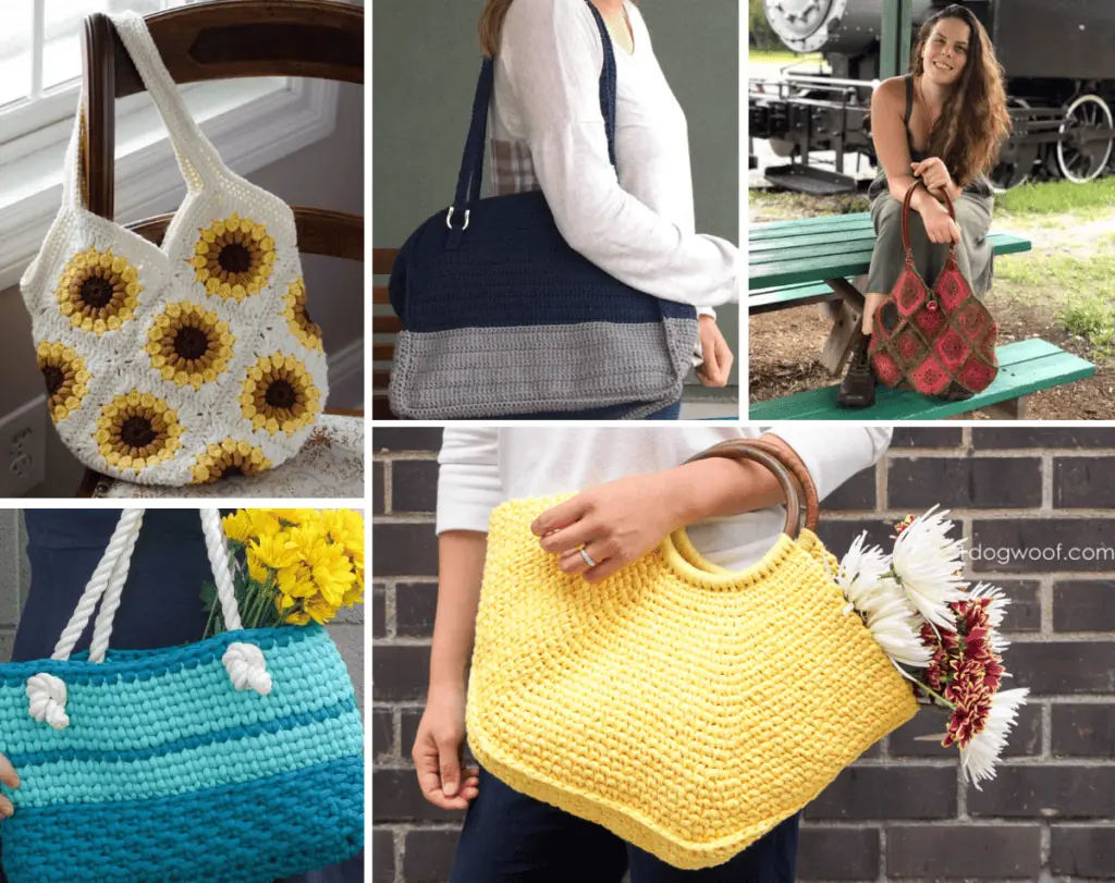 Five crochet bag patterns, including a sunflower tote bag, a large weekned bag, a boho bag, a summer tote bag, and an oversized all yellow bag.