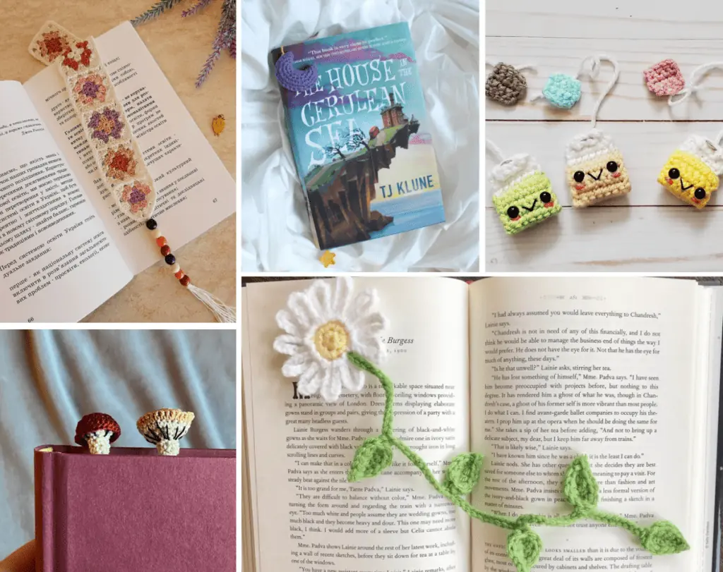 A collage featuring five bookmarks, one is a granny square bookmark, one is a crescent moon bookmark, there are three teabag bookmarks, two crochet mushroom bookmarks, and one is a daisy crochet bookmark.