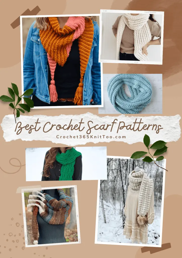 Six crochet scarf patterns that includes a triangle scarf pattern, a modern chunky scarf, a ribbed beginner scarf, a wavy green scarf, a adjustable keyhole scarf, and a bobble scarf.