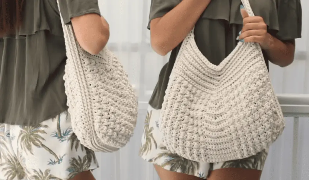 An all-white crochet tote bag with a lot of fun texture.