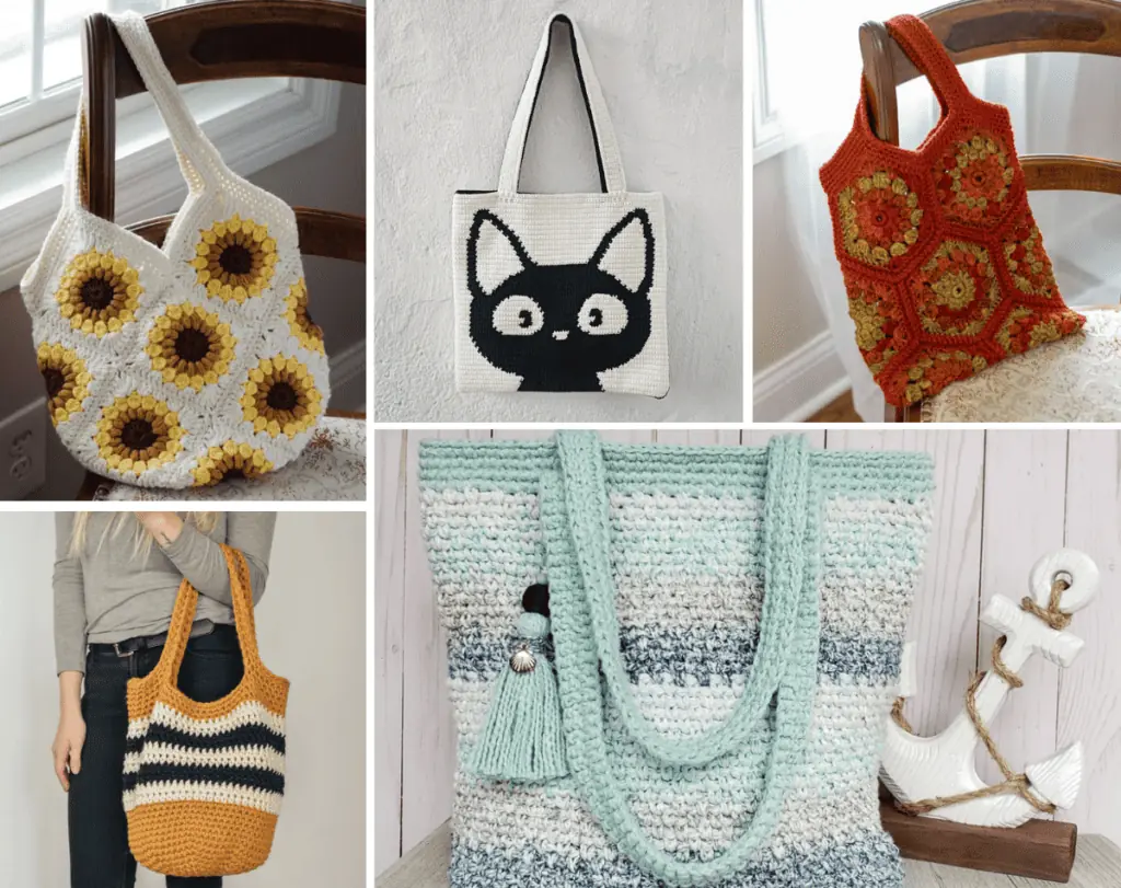 A collage of five images, including a sunflower tote bag, a cat tote bag, a hexagon tote bag with fall-colored yarm, an oval shaped tote with yellow yarn and stripes of black and white, and a tote with different shades of blue stripes.