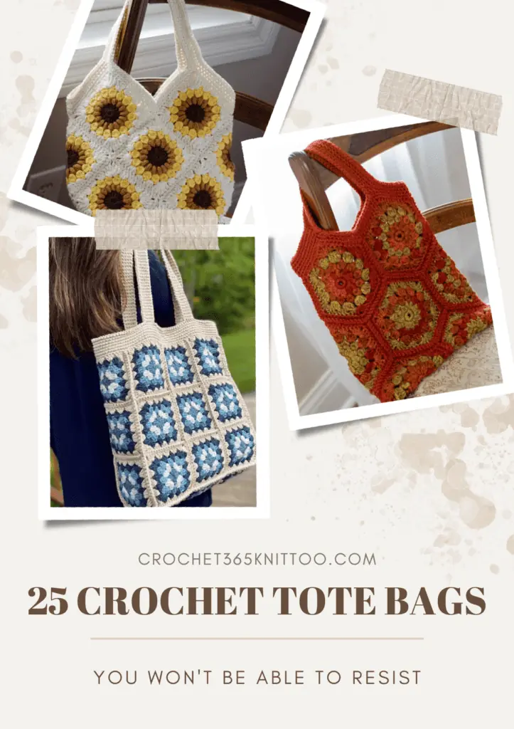A Pinterest grohic featuring three crochet tote bag pattersm, including one that looks like sunflowers, one with fall colored hexagons, and one with multiple granny squares in a square-shaped bag.