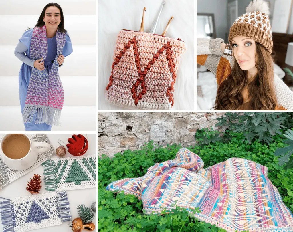 A collage of five mosaic crochet patterns, one is an ombre scarf, one is a zippered pouch, one is a hat with little circles of brown color with a large brown brim, a photo of three coasters with pine trees on them, and a blanket with mulicolored yarn and geometric designs.