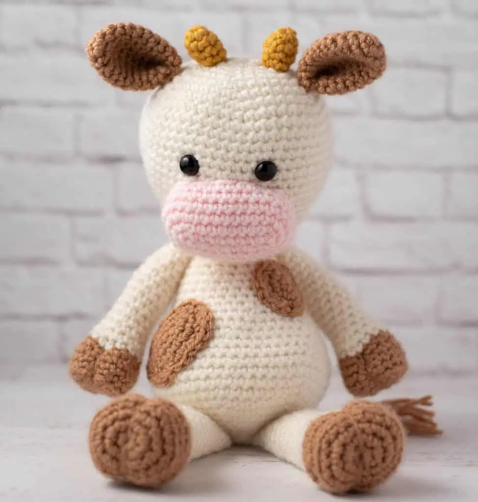 Crochet cow with cream colored body and light brown spots, pink snout and gold horns.