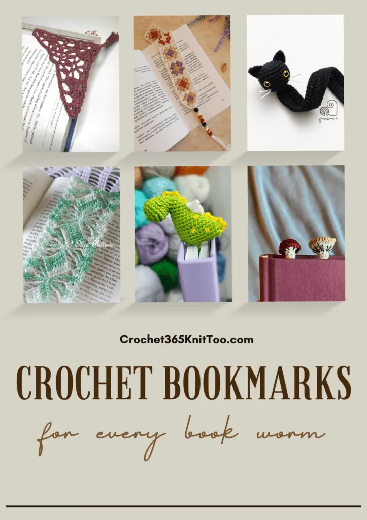 A Pinterest image featuring six crochet bookmarks, including a corner bookmark, a granny square bookmark, a black cat bookmark, a green and white lacy bookmark, a crochet dinosaur bookmark, and two crochet mushroom bookmarks.
