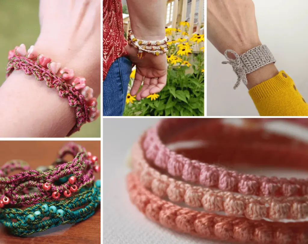Five crochet bracelet patterns in a collage, including a pink bracelet with flower beads, a wrap bracelet, a simple cuff,two boho-style bracelets, and three pink bobble bracelets.
