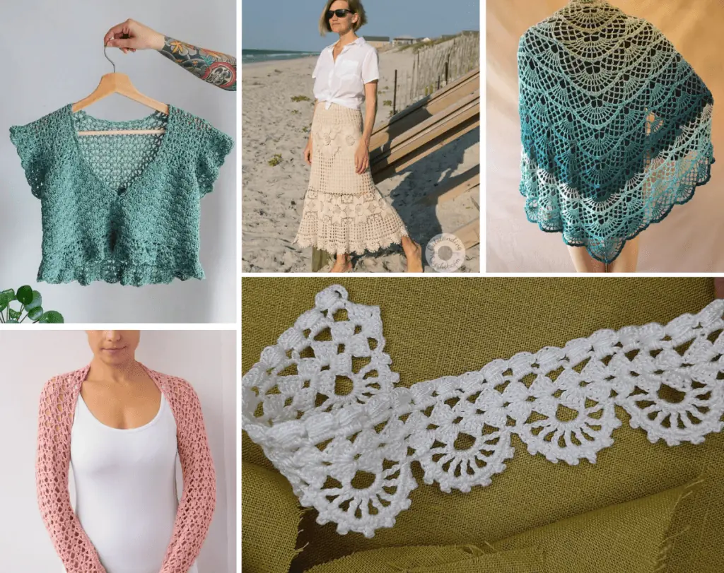A collage of five crochet lace patterns, including a small crop top, a maxi skirt, a crochet shawl, a shrug, and a bit of crochet lace trim.