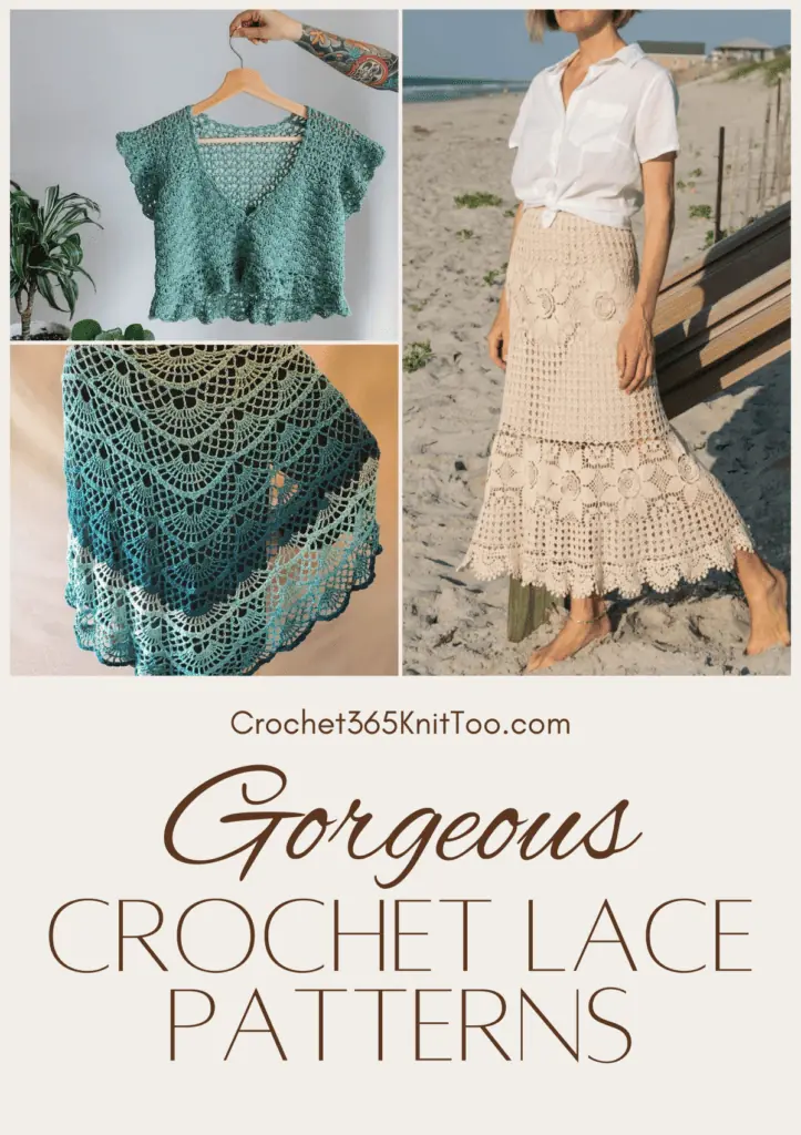 A Pinterest image that includes three corchet lace patterns, including a crop top, a shawl, and a maxi skirt.