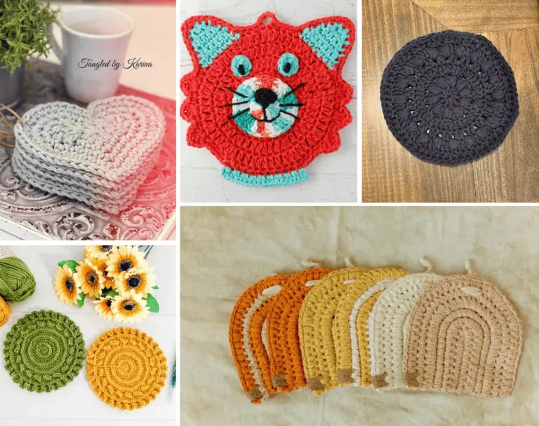 A collage of five crochet potholder patterns, including a heart-shaped potholder, a cat potholder, a circle potholder, to circle potholders with puffs, and a variety ofarch potholders.