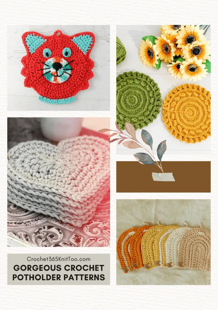 A collage of five crochet potholder patterns, including a heart-shaped potholder, a cat potholder, a circle potholder, and a variety ofarch potholders.
