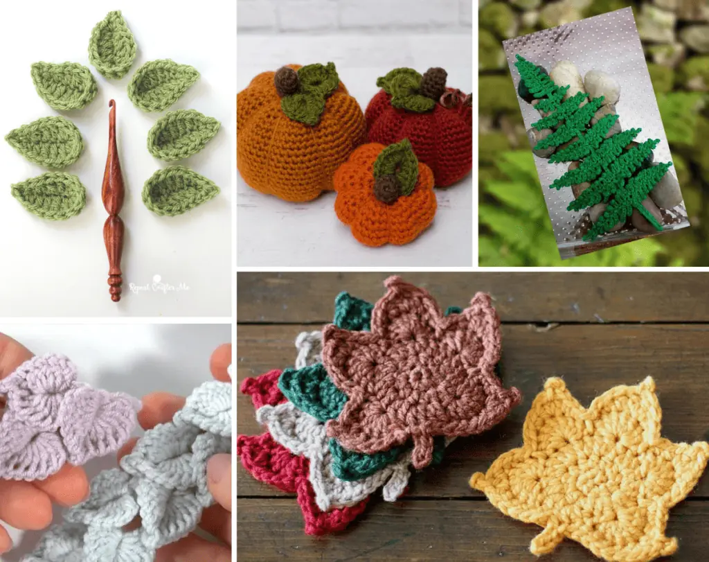 Collage of crochet leaves in bright colors and pastels