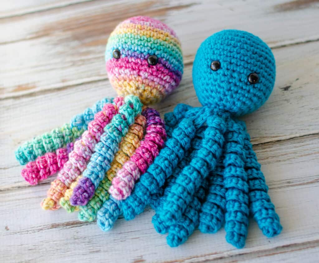 Multi color bright crochet octopus and blue octopus