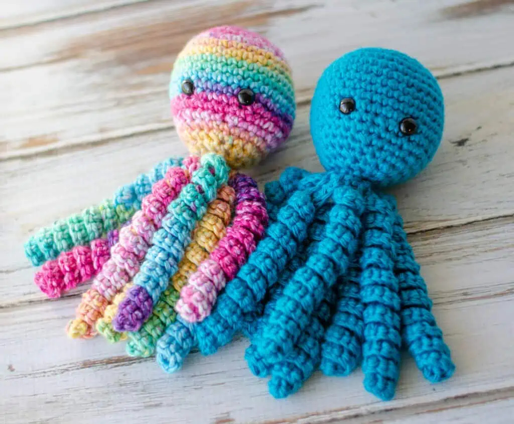 Multi color bright crochet octopus and blue octopus