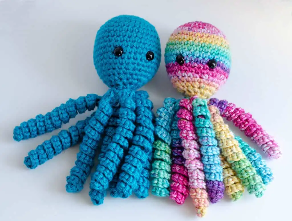 Blue and bright multi color crochet octopuses