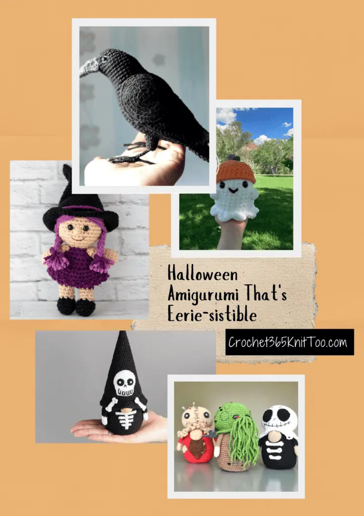A collage of five Halloween amigurumi pictures, include a crow, a purple witch amigurumi, a little ghost, a skeleton gnome, and three gnomes, one that looks like a scarecrow, one that looks like cthulu, and one that looks like a skeleton.