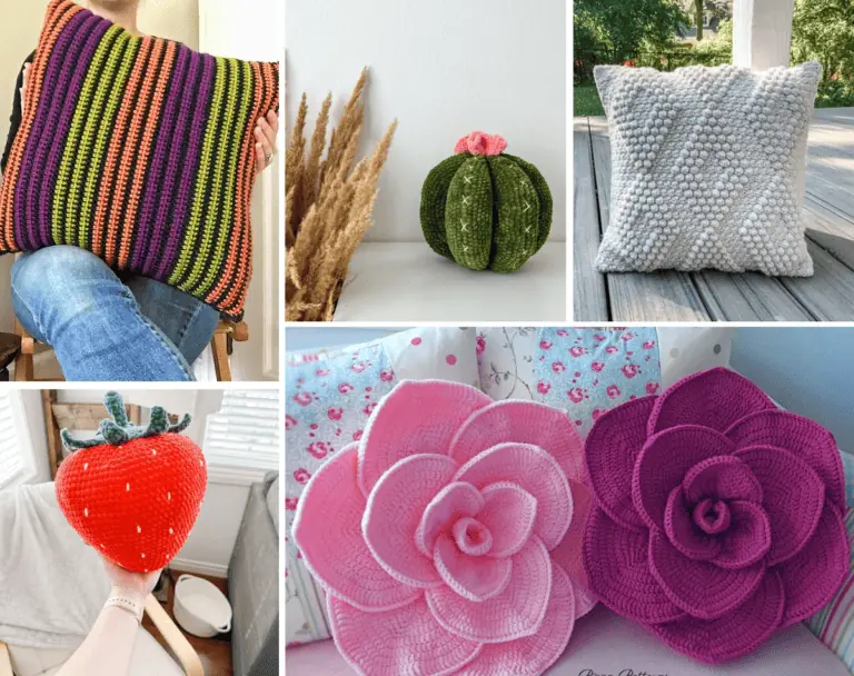 A collage of five pillow patterns including stripes of colors, a cactus pillow, a pillow with diamond bobbles, a strawberry pillow, and two rose pillows.