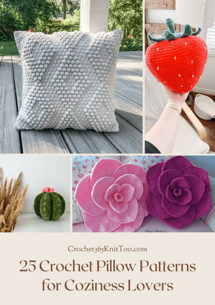 A Pinterest image with four crochet pillow patterns, one grey with bobble diamonds, a strawberry pillow, a cactus pillow, and two rose pillows.