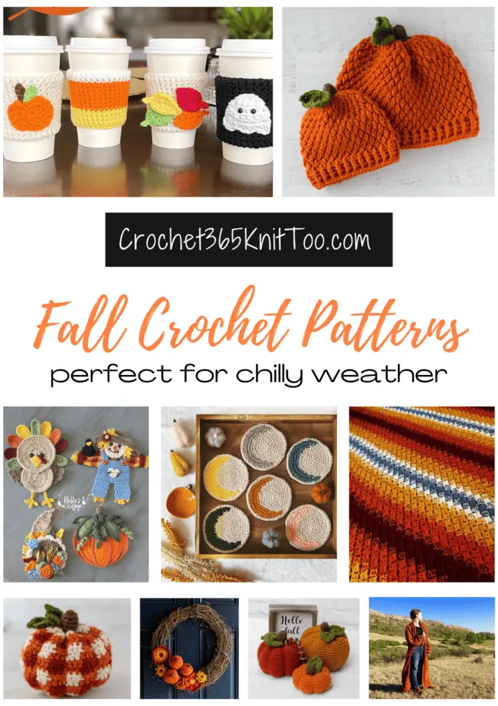 A collage of fall crochet patterns, including cup cozies, pumpkin hats, harvest appliques, moon coasters, an afghan, plaid pumpkin, fall wreath, three different size pumpkins, and a cardigan.