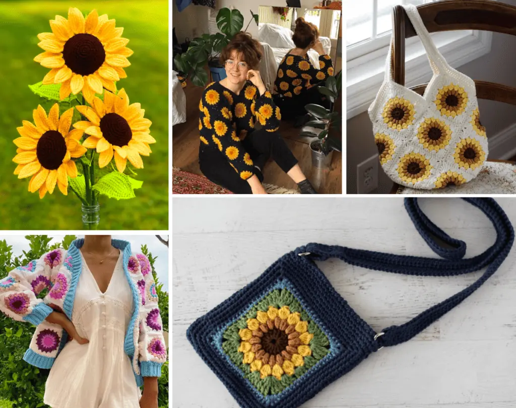 A collage of five sunflower crochet patterns, one looks like a bouquet of sunflowers, one is a sunflower sweater, one is a sunflower tote bag, one is a cropped sunflower cardigan, and one is a sunflower crossbody