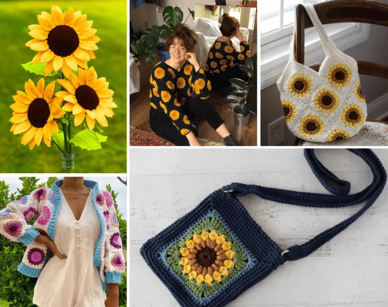 A collage of five sunflower crochet patterns, one looks like a bouquet of sunflowers, one is a sunflower sweater, one is a sunflower tote bag, one is a cropped sunflower cardigan, and one is a sunflower crossbody
