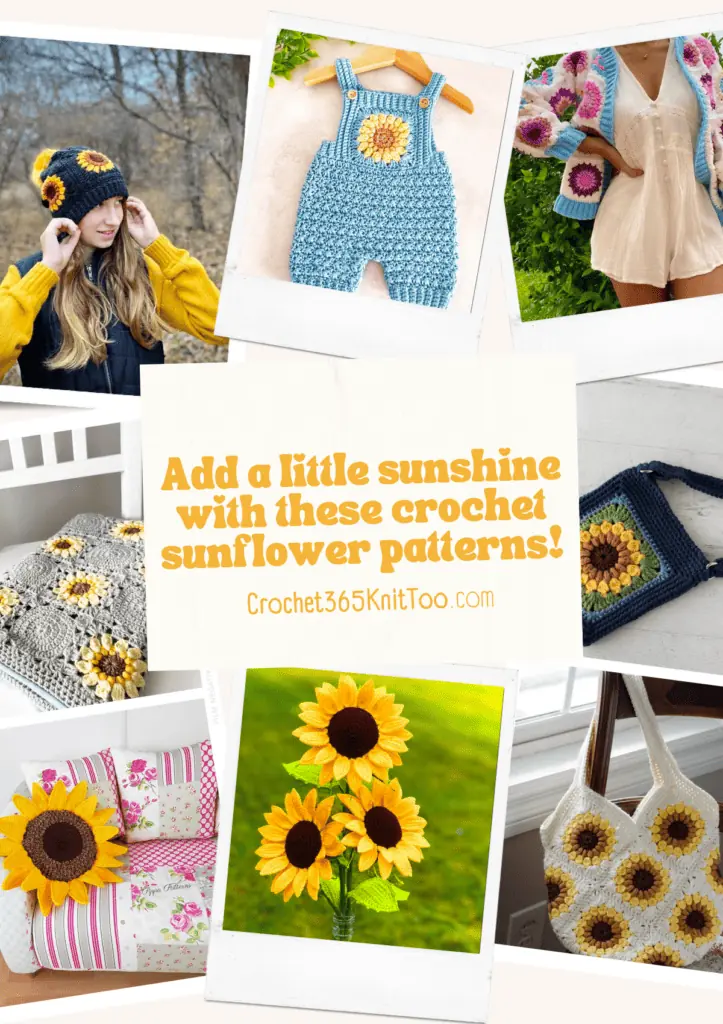 Eight sunflower crochet patterns in a pinterest collage, one is a sunflower beanie, one is blue sunflower baby clothes, one is a sunflower cardigan, one is a sunflower afghan, one in a sunflower crossbody, on is a sunflower pillow, one looks like real sunflowers, one is a sunflower tote bag.