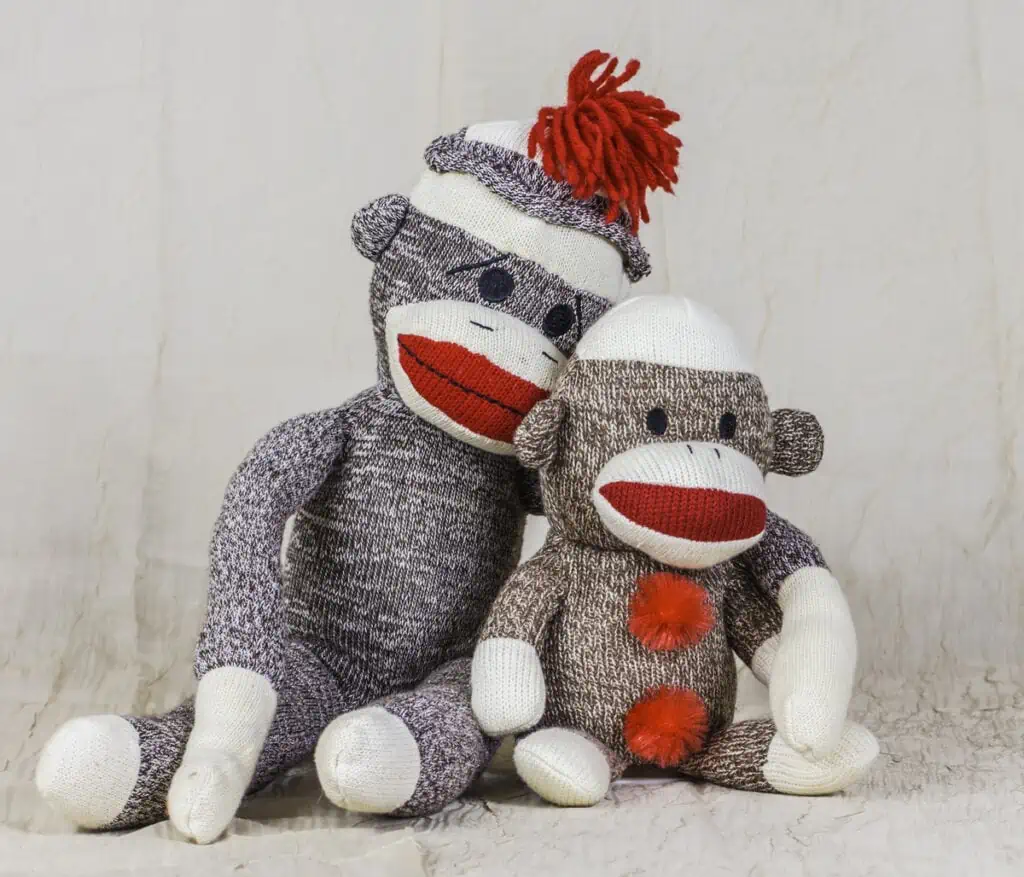 Stuffed Sock monkeys made from brown and white mens socks