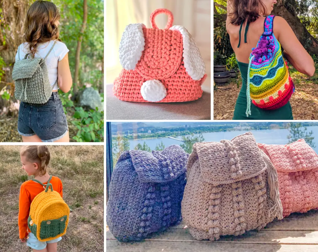A college of five crochet backpack patterns, one is a green mini backpack with a lot of textured stitches, one is a pink mini backpack with bunny ears, one is a rainbow cinch backpack, one is a standard school backpack, and one is a mini backpack with bobble stitches.