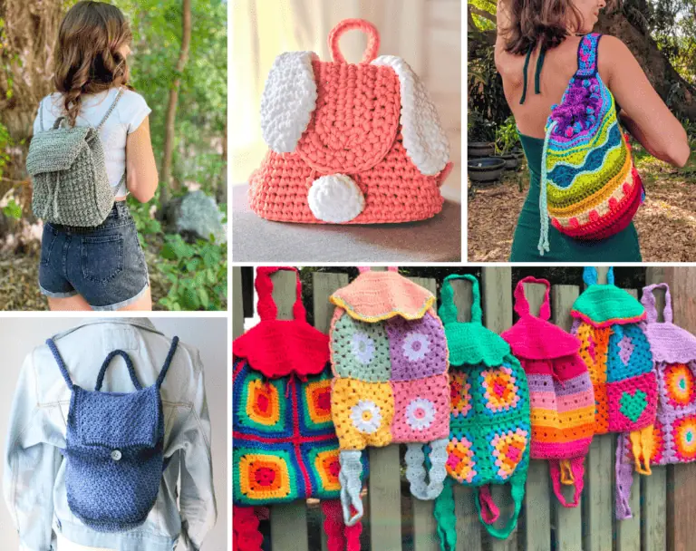A collage of five crochet backpack patterns, this includes a green mini backpack, a pink bunny backpack, a slouchy drawstring closure backpack, a small blue backpack, and a row of six granny square backpacks in a range of colors.