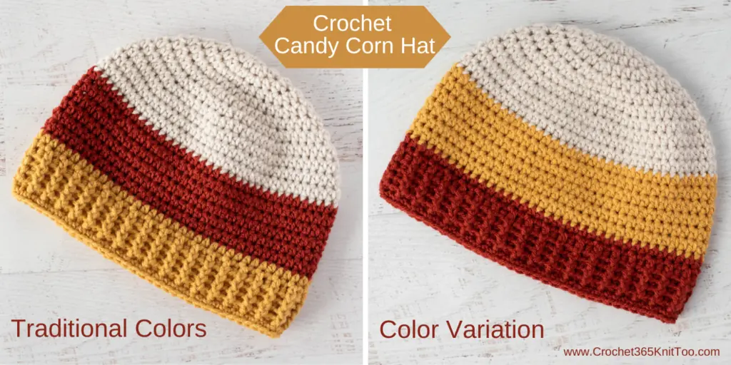Comparing two crochet candy corn crochet hats with gold and rust exchanged