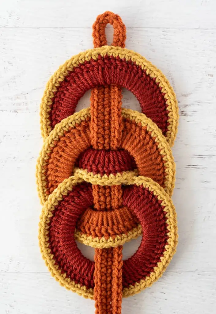 Orange crochet strap woven between orange crochet rings with yellow trim.
