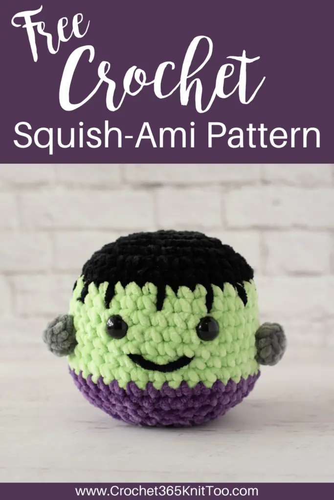 Image of crocheted frankenstein stuffed toy in black, green and purple