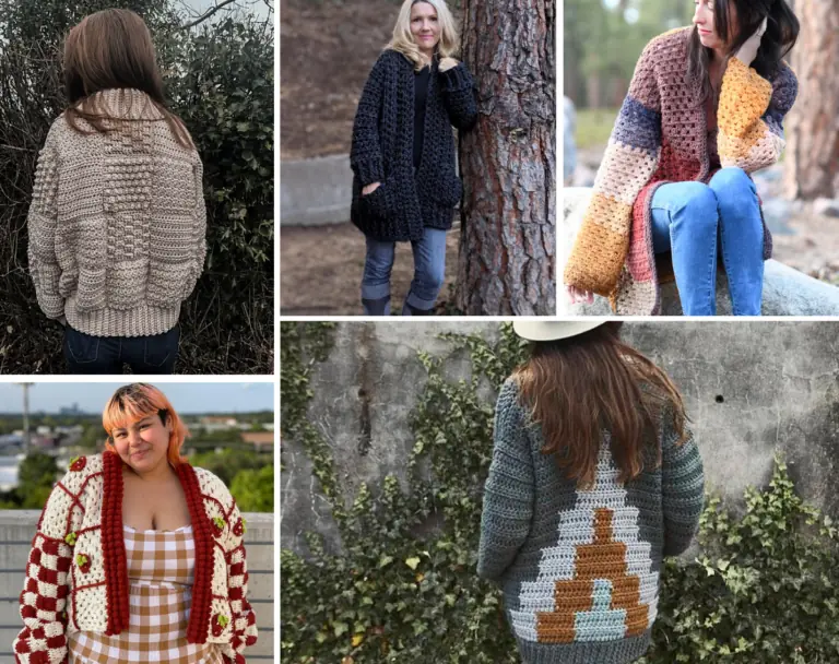 A collage of fice crochet cardigan patterns, including a beige patchwork cardigan, a green cardigan with a triangle design, a patchwork color block cardigan, a black chunky cardigan, and a strawberry square cardigan.