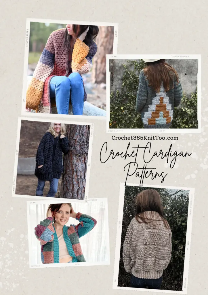 Collage Pinterest image that includes five different patterns, one that is a patch work color block cardigan, a triangle cardigan, a black chunky cardigan, a bright work color cardigan, a beige cardigan with different blockw.