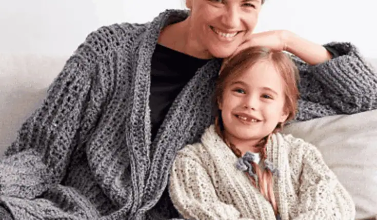 Chill Time Adult’s Cardigan crochet sweater pattern preview; design by Yarnspirations Design Studio