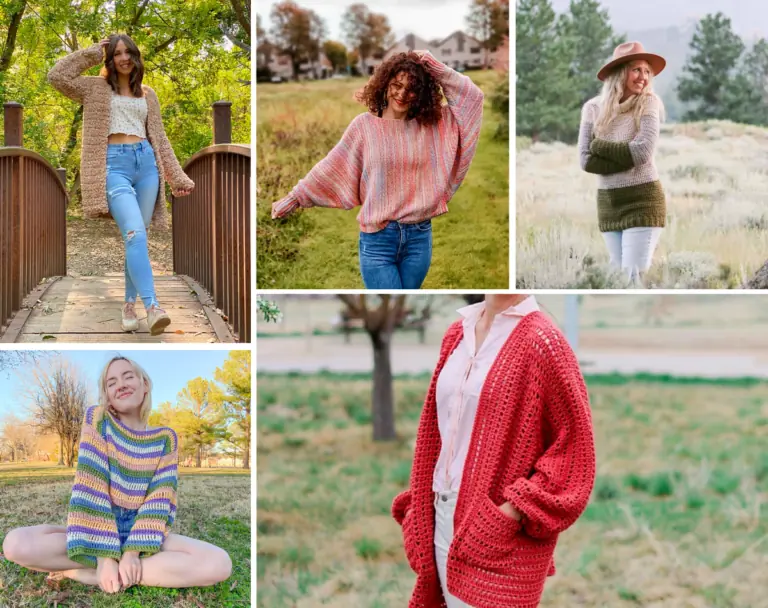 A collage of five crochet sweater patterns, one is a brown cardigan, one is a rainbow oversized sweater, one is a tight off white sweater with a green bottom, one is striped sweater with multiple color blocks, and one is a red cardigan with pockets.