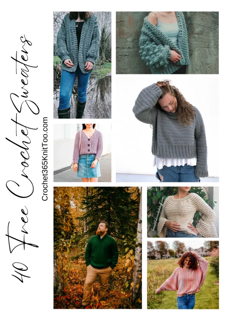 A collage of sevent different crochet sweaters and cardigans, the first is a green crochet cardigan, then there's a bobble crochet cardigan, there's a purple crochet cardigan with buttons, a grey cropped crochet sweater, a green collared sweater, a white crochet sweater with flared sleeves, and a rainbow oversized crochet sweater pattern.