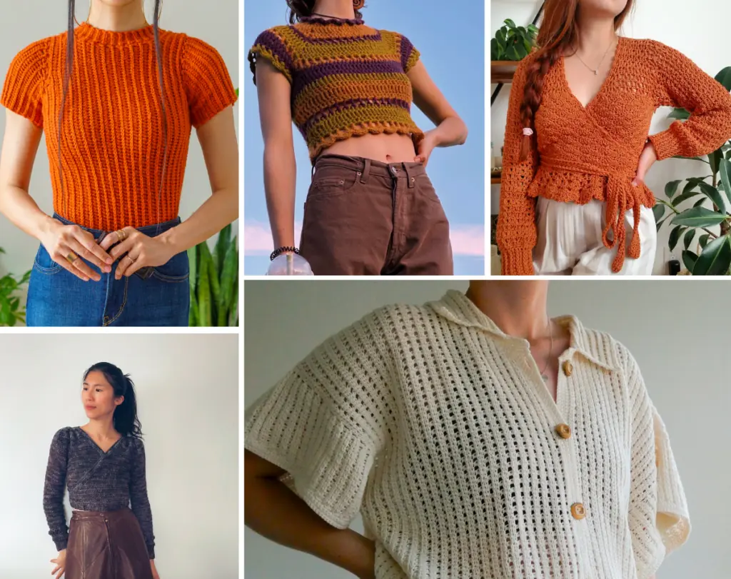A collage with five crochet tops, including an orange ripped crochet top, a striped crop top, an orange long sleeve wrap top, a blue wrap top, and a off white button up top.