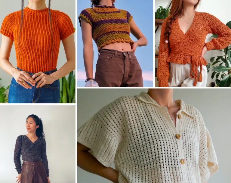 A collage with five crochet tops, including an orange ripped crochet top, a striped crop top, an orange long sleeve wrap top, a blue wrap top, and a off white button up top.