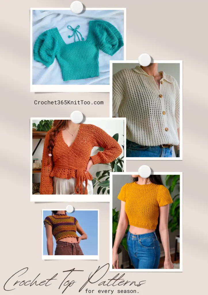 A Pinterest image with a collage of five crochet top patterns, including a blue crop top with puffy sleeves, an off white button up, an orange wrap top, a yellow crop top, and a multicolored crop top.