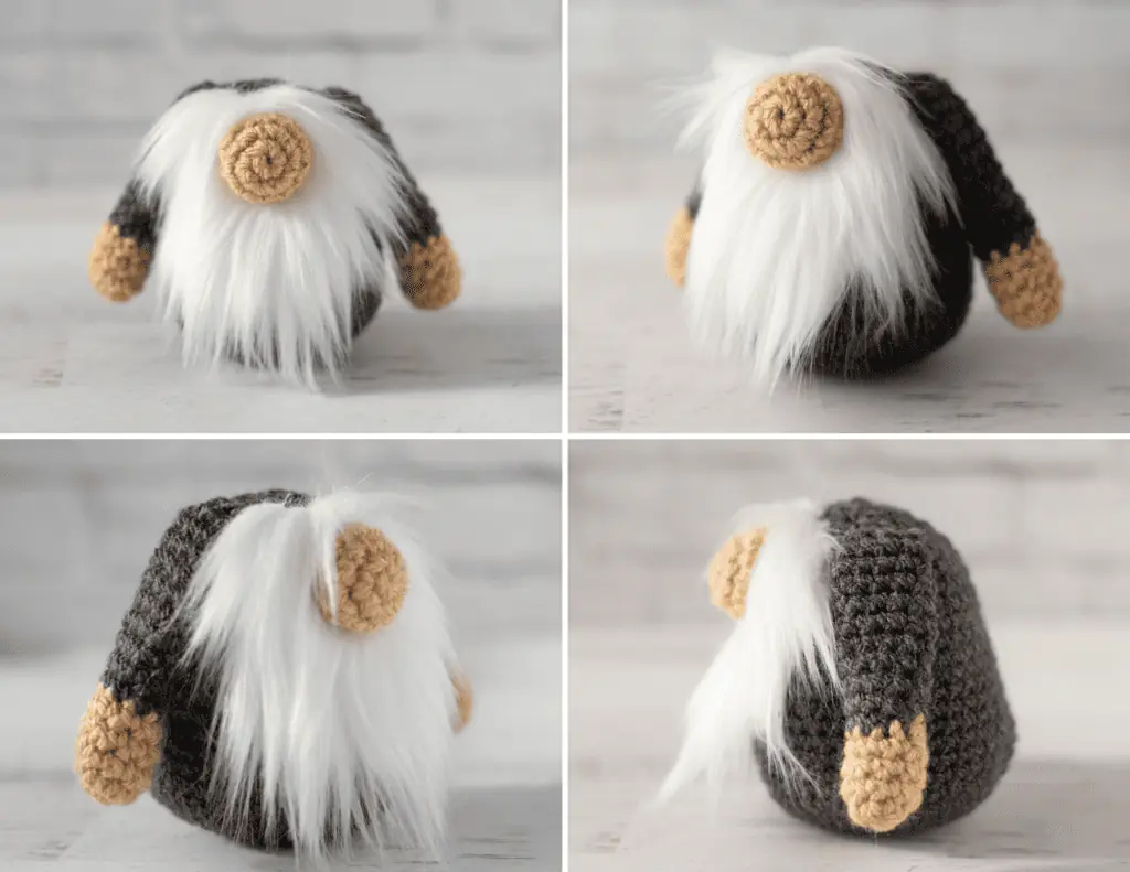 Collage of crochet gnome body without hat