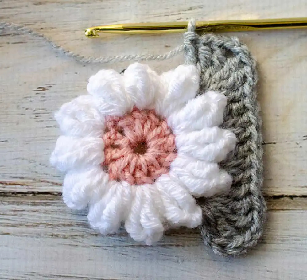 crocheting gray border around white and pink crochet daisy